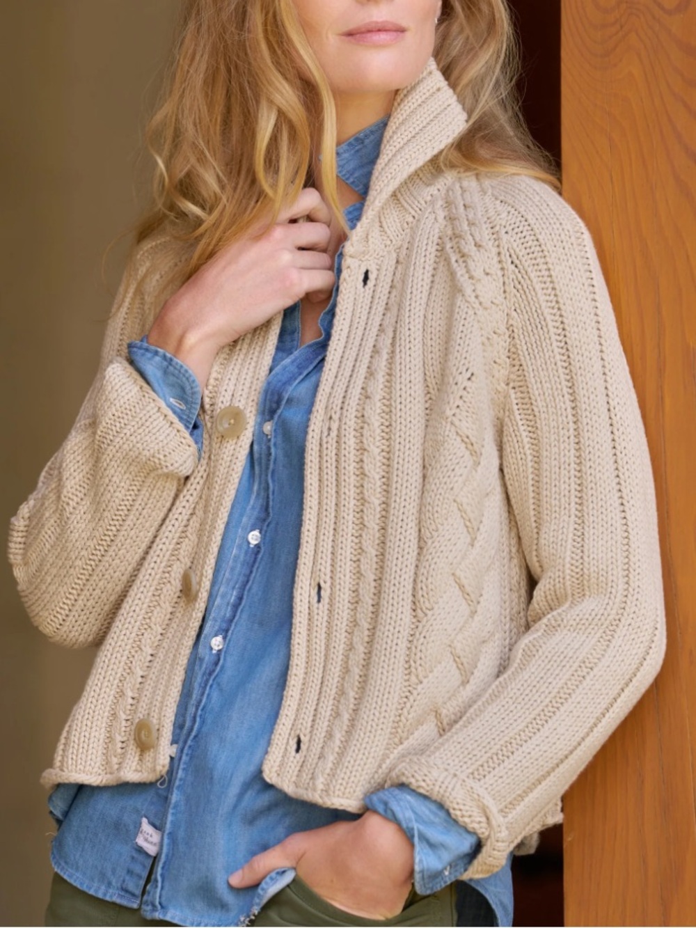 Frank & Eileen Mini Cotswold Cable-Knit Button-Front Cardigan Sand Size Medium
